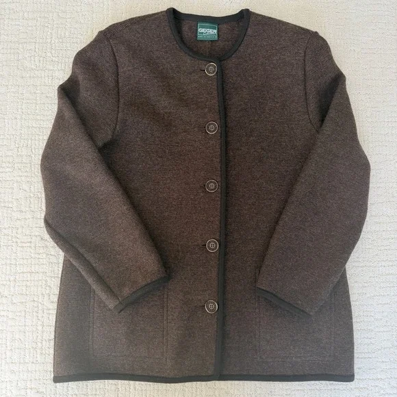 Geiger Brown 100% Wool Cardigan Coat Women's Size 44 US 12-14 Made in Austria